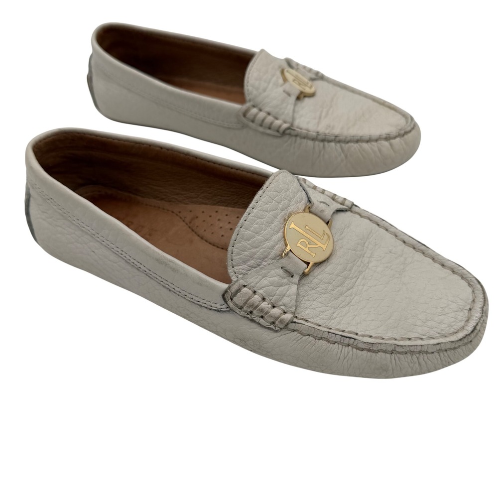 Lauren Ralph Lauren Carley Cream Leather Driver Loafers Gold RL Logo Size 6.5